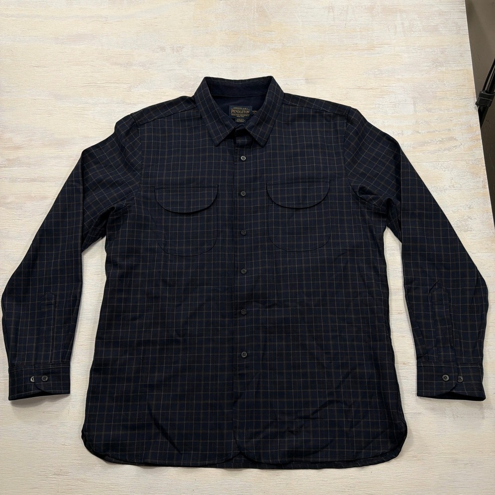 Pendleton Button Down Shirt Fitted XL Virgin Wool Grid Plaid Navy Brown Mens